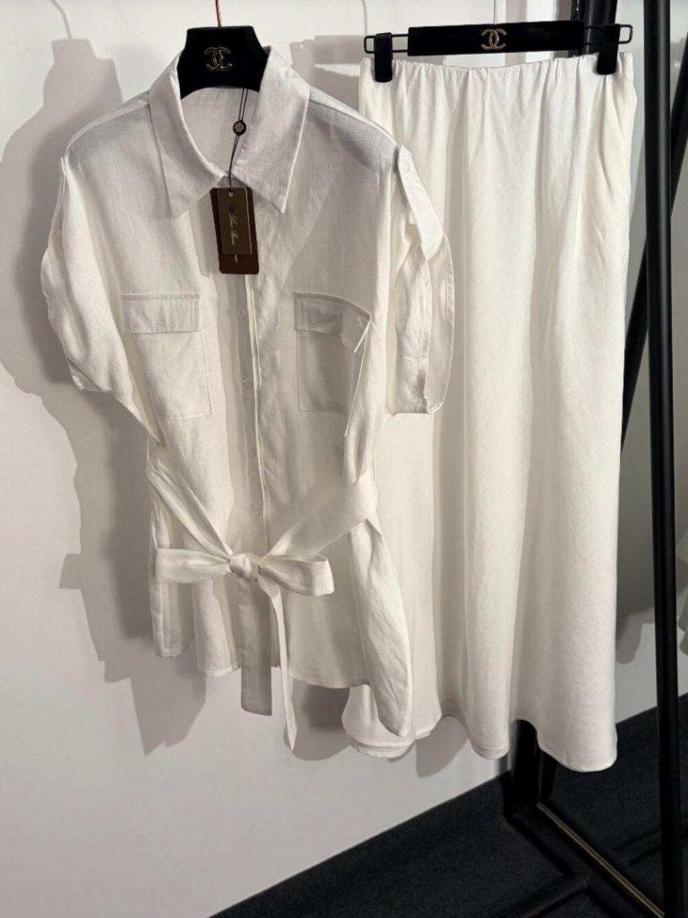 Loro Piana White Linen Shirt & Midi Skirt Two‑Piece Set
